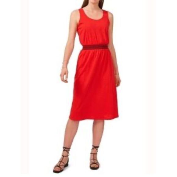 Vince Camuto Sleeveless Smocked Waist Pullover Midi Dress Red Black Size Large - Picture 1 of 8